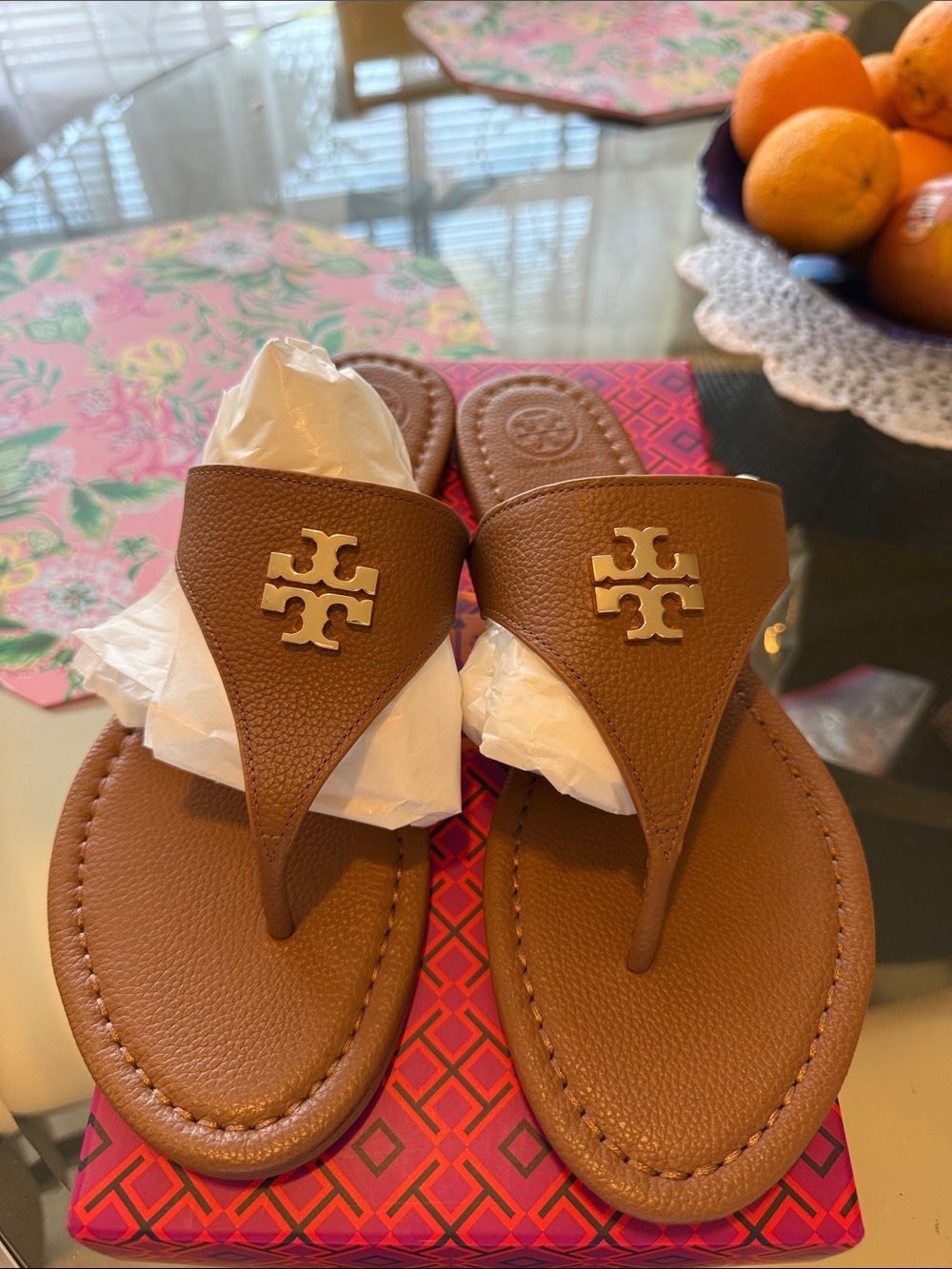 Tory Burch Brown Leather Logo Thong Sandals with Gold Logo